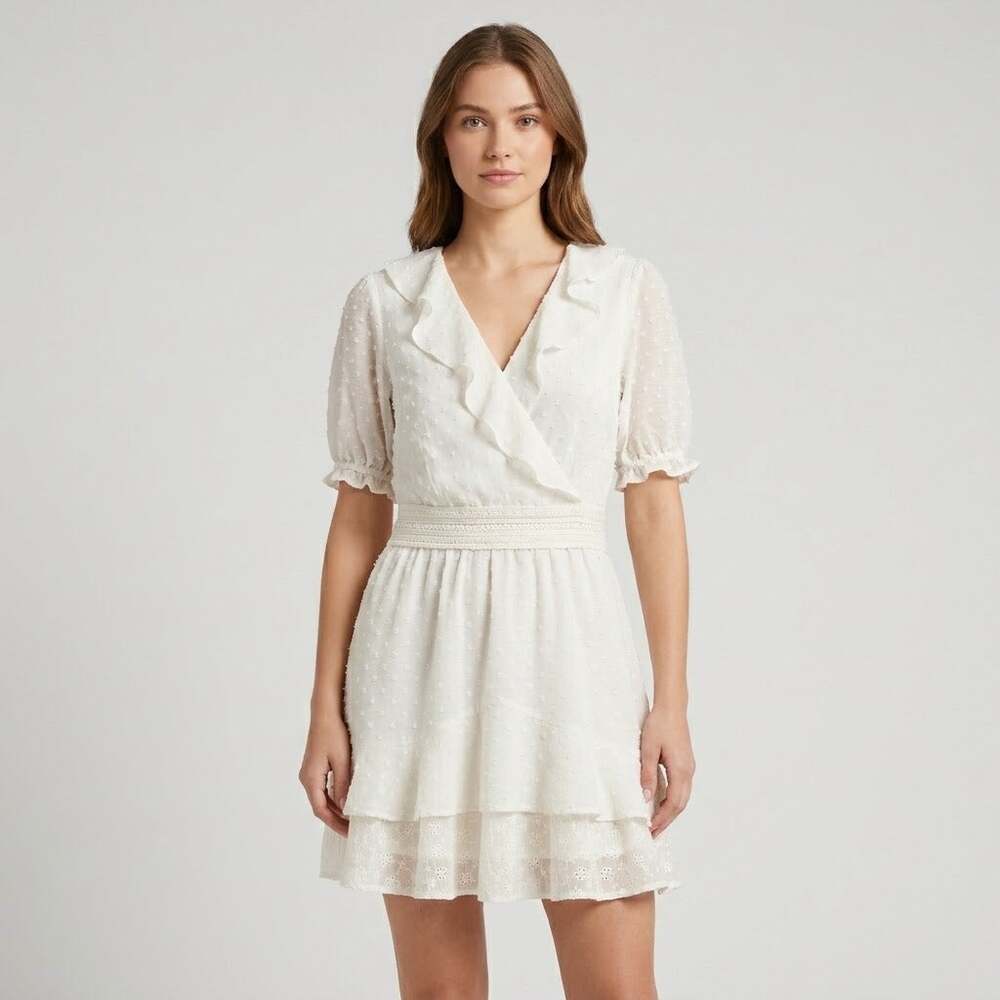 Guess Maribel Ruffled Eyelet Mini Dress White Size Medium
